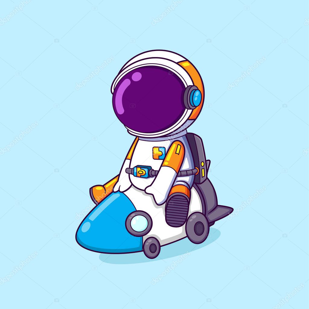 The cute astronaut is riding a small rocket nuclear which have four small wheels of illustration
