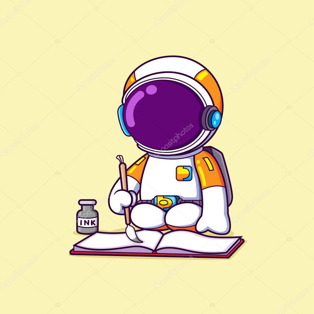 The astronaut is writing on book with ink while sitting and very happy of illustration