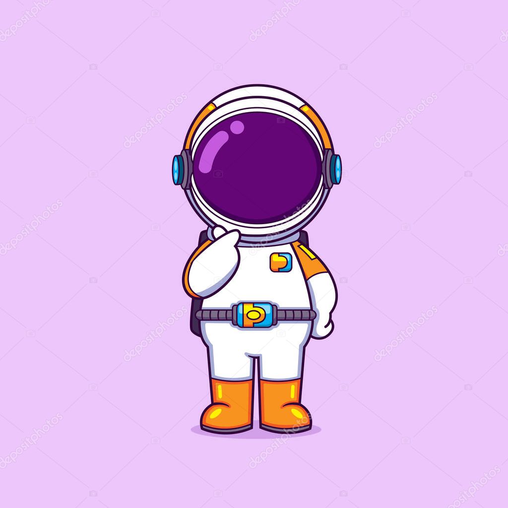 The astronaut is posing cutely and give love hand while standing of illustration