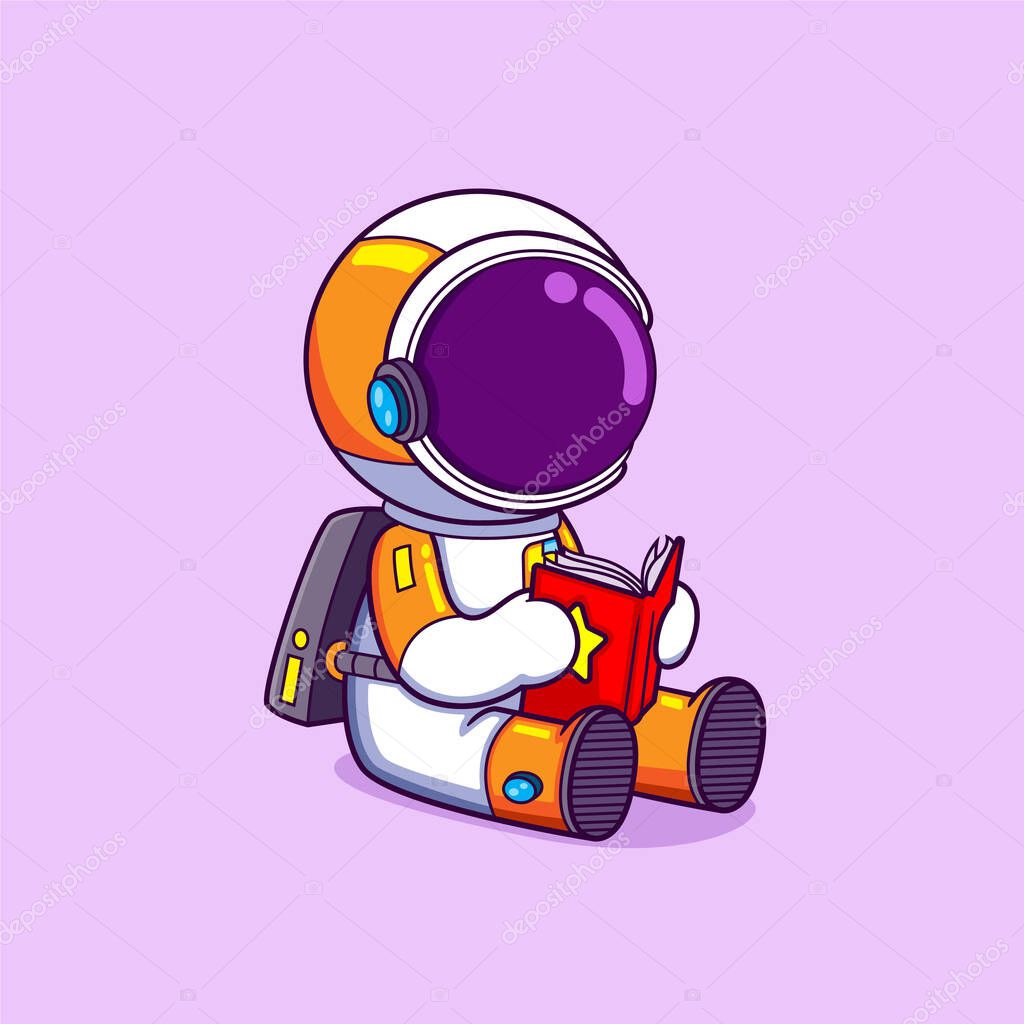 The astronaut is reading a book and very focus while sitting on a planet of illustration