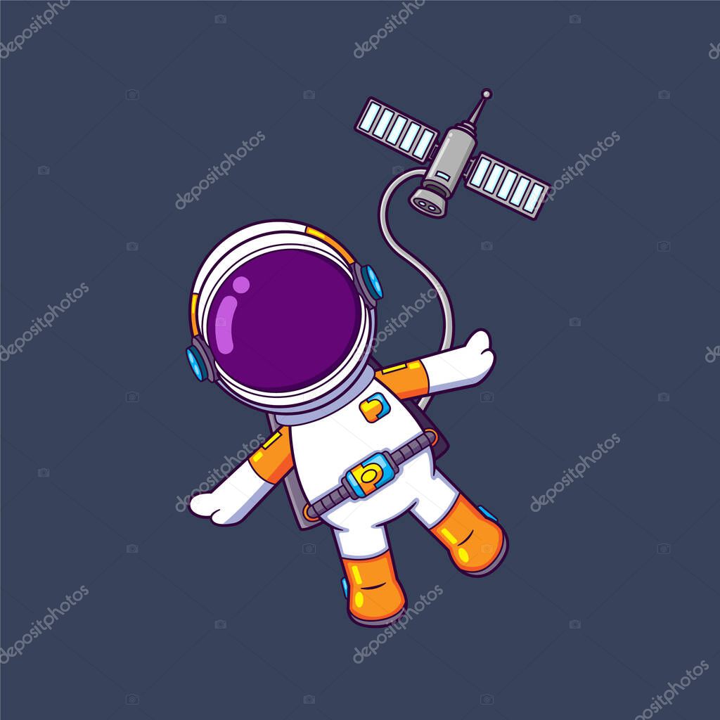 The astronaut is floating in galaxy and using a satellite in the sky of illustration