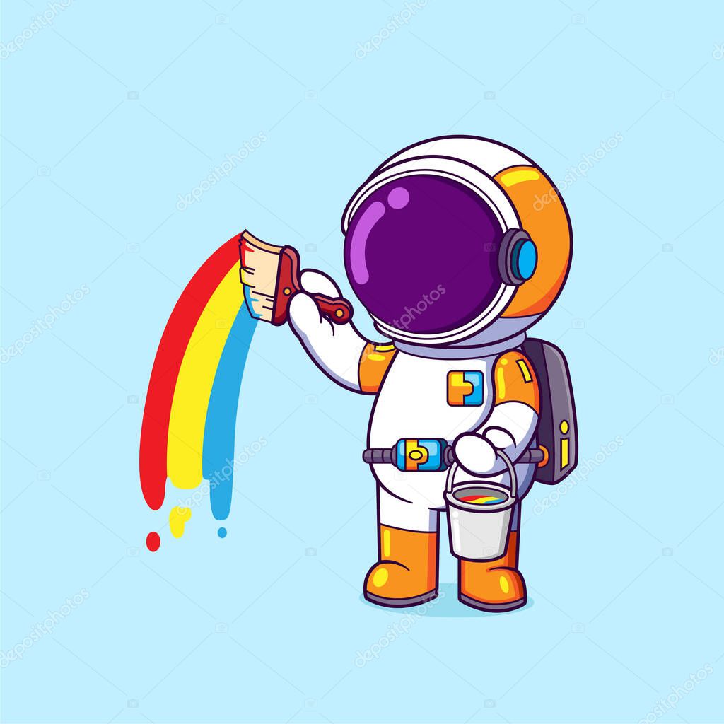 The painter astronaut is painting the sky with the rainbow color of illustration