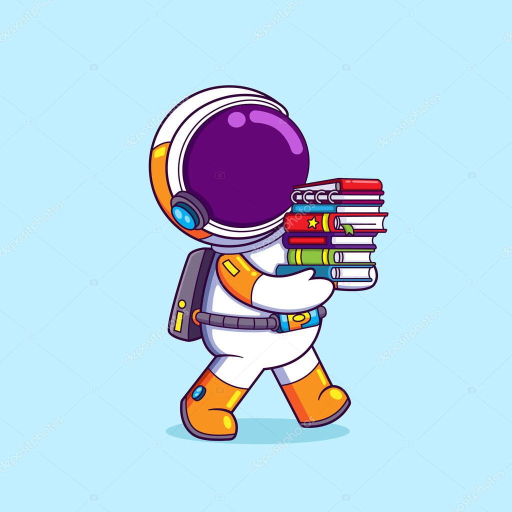 The clever astronaut is holding a lot of book from the library of illustration