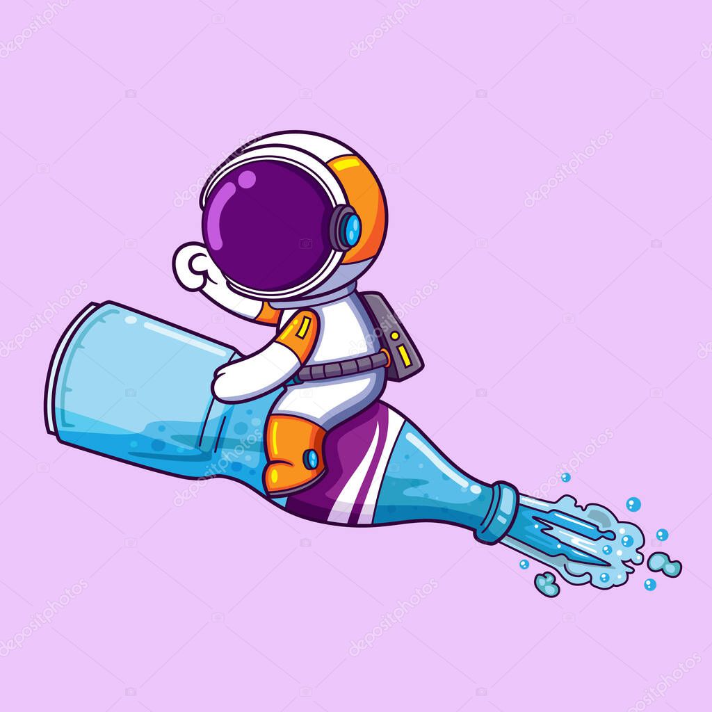 The cute astronaut is driving the magic flying bottle in the sky of illustration