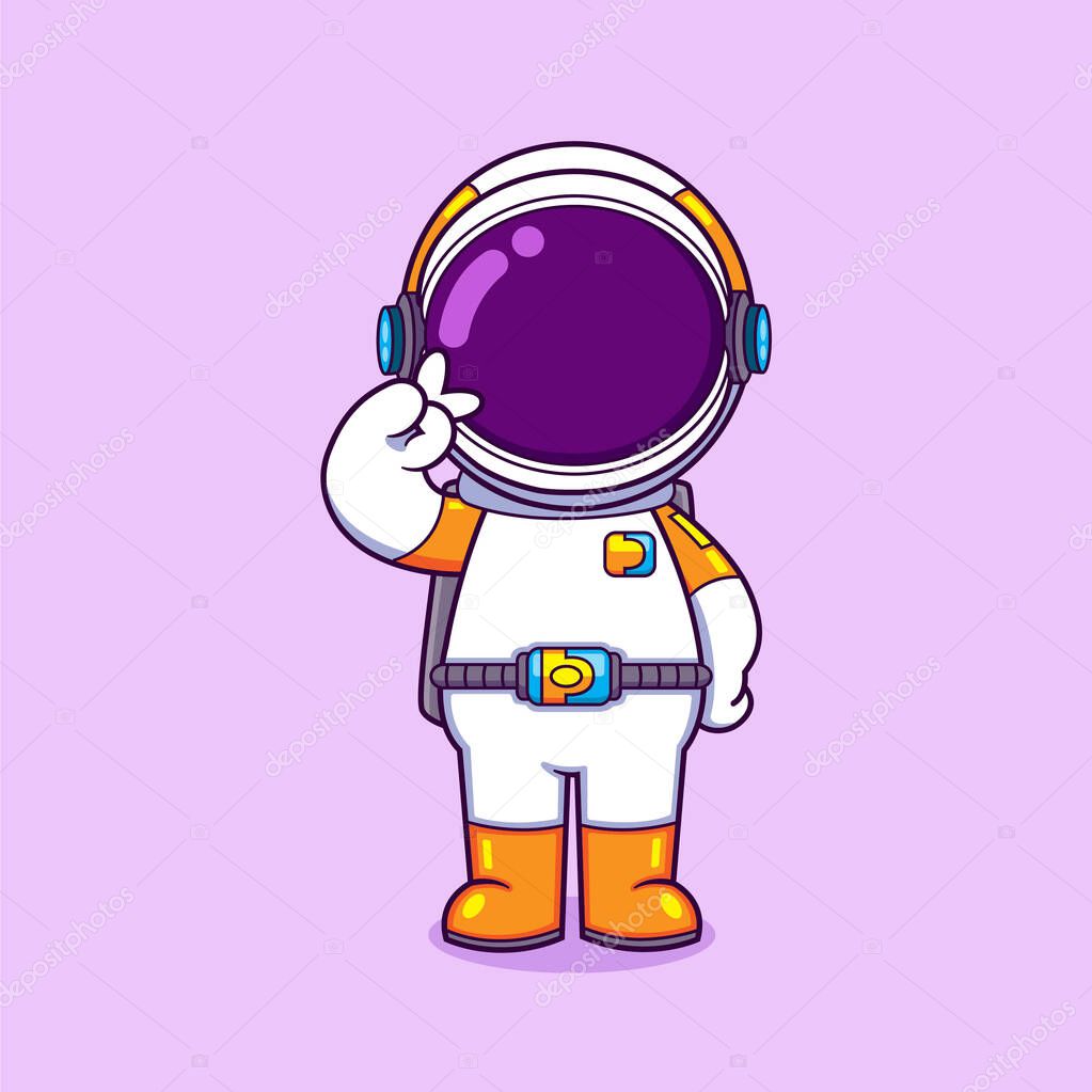The astronaut is standing and having a cute pose with peace style of illustration