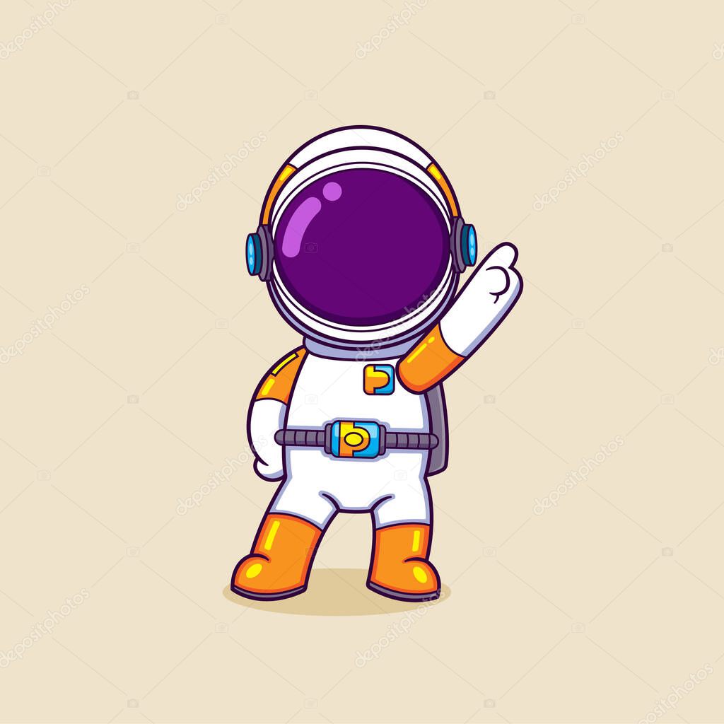 The cute astronaut is standing and having a funny pose with pointing up somewhere of illustration