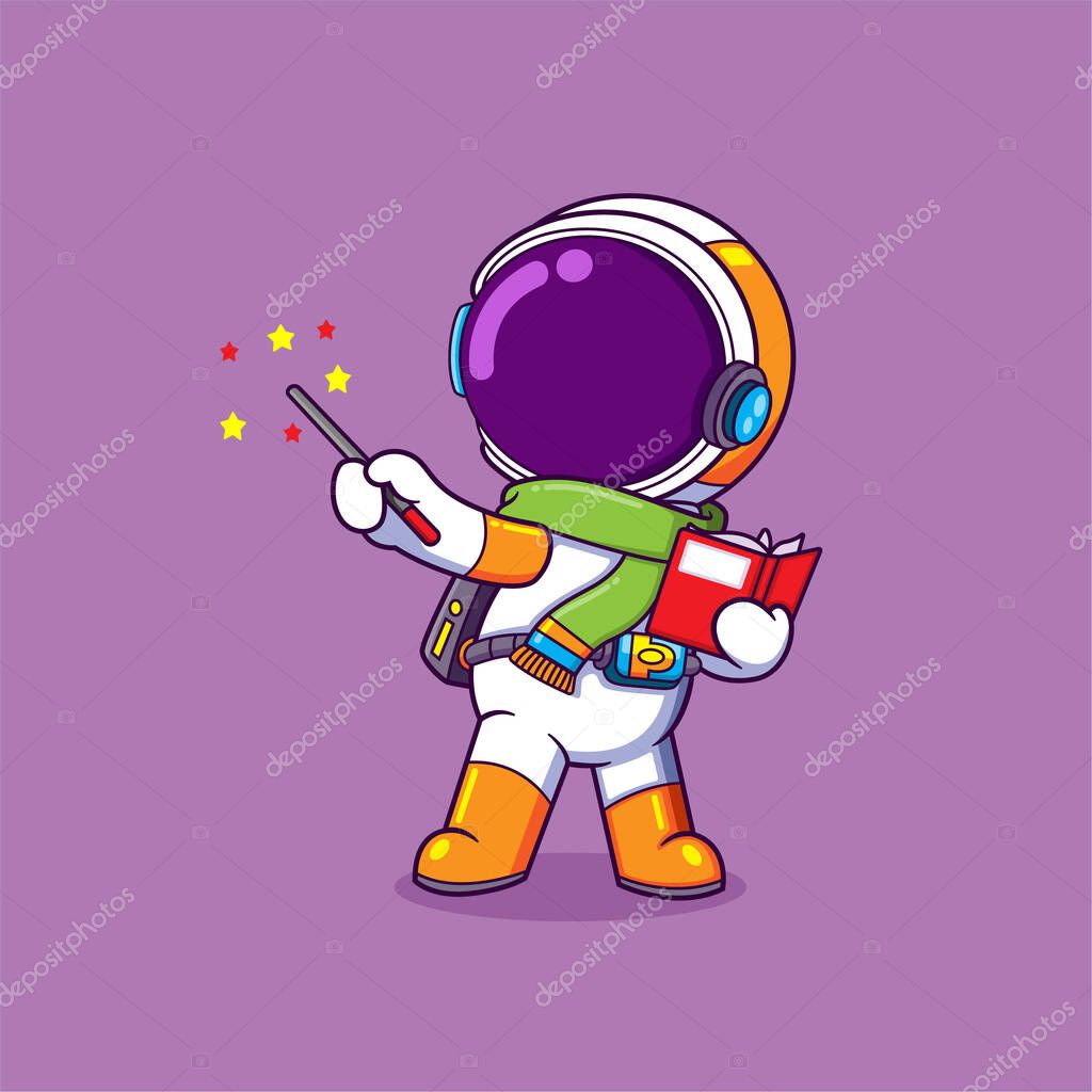 The astronaut is reading a magic book and doing some magic to make a little stars of illustration