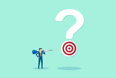 Objektif soruları olan iş adamı, soru-cevap, problem çözme, soru işareti olan hedef