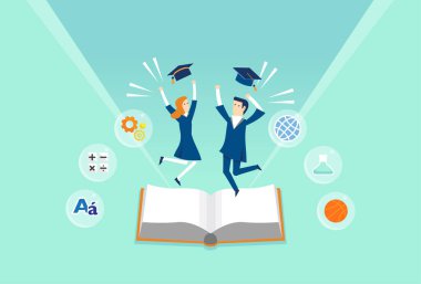 Diploma almaktan mutluluk duyarlar, öğrenciler için tatil, neşeli çocuk karakterleri, mezuniyet eğitimi