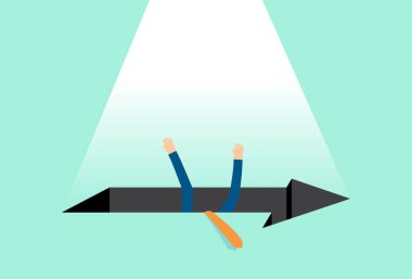 Businessman fell into the arrow hole, trap on the road to success, signs warn of danger, escape the financial hole
