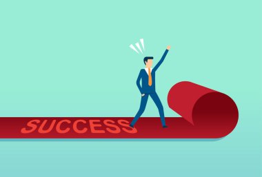 Kırmızı halıdaki başarılı iş adamı, iş hedefine ulaşmak için liderlik, en iyi performans işçisi.