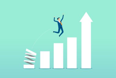 İş adamı sıçrama tahtasından tepeye atlıyor, çıta grafiği büyüyor, borsa yükseliyor, en yüksek puan