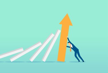 İşadamı domino etkisini, düşüşü, iş iflası veya krizi, risk ve çözüm metaforunu durdurur