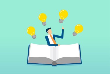 İş adamı ve kitap, bilgi sektörü eğitimi, kişisel beceri gelişimi kitabı, ampul.