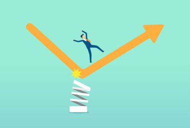 İş adamı sıçrama tahtasından tepeye atlıyor, çıta grafiği büyüyor, borsa yükseliyor, en yüksek puan