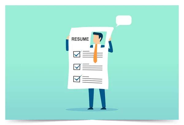 ビジネスマンは 採用のための彼の仕事のプロフィールを提示します 新しい仕事を申請するプロフィールを再開します — ストックベクタ