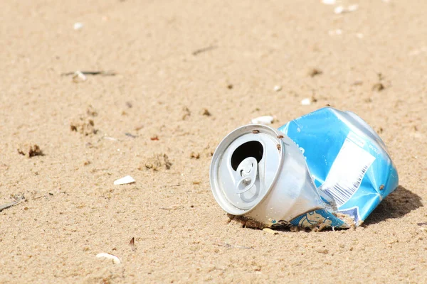 Tin Spoiled Can Drops Sandy Beach Human Pollution Environment Crumpled — Stock Photo, Image