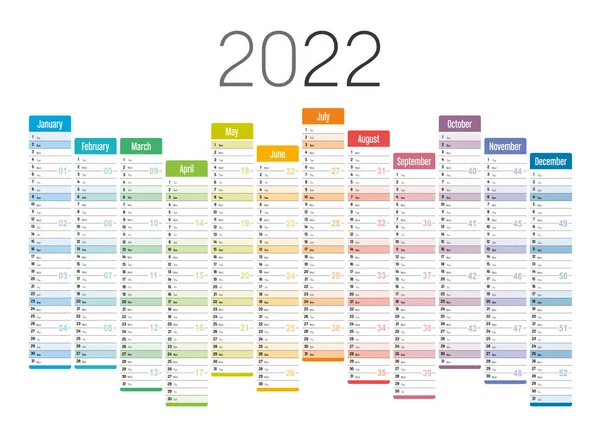 2022 Рік Один Настінний Календар Сторінки Багатокольоровий Білому Тлі Векторний — стоковий вектор