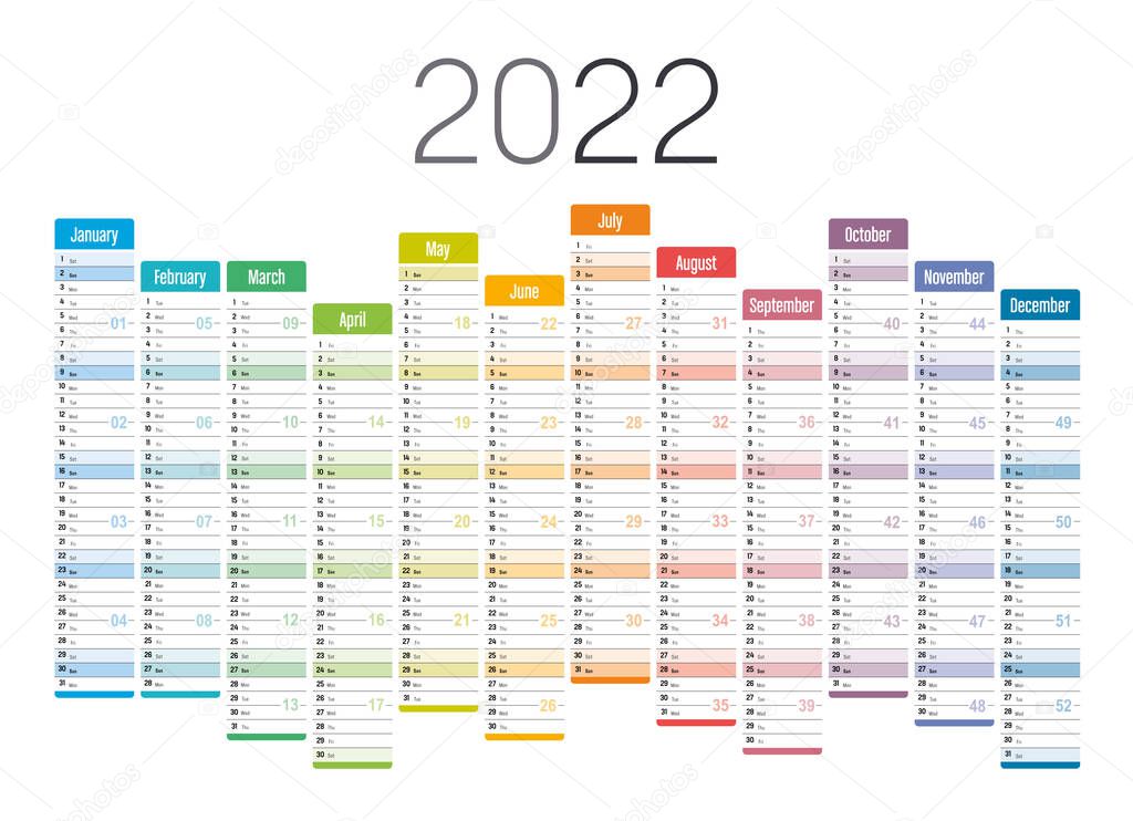 Year 2022 one page wall calendar, multi colored on white background. Vector template.
