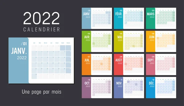 Año 2022 Colorido Calendario Mensual Minimalista Francés Sobre Fondo Negro — Archivo Imágenes Vectoriales