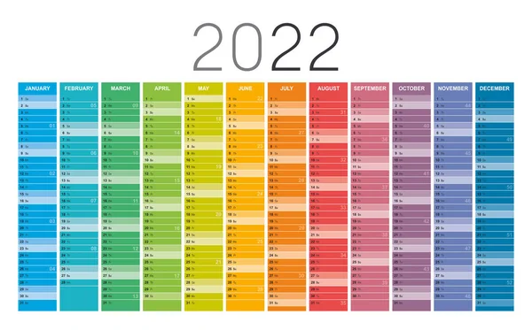 2022 Рік Барвистий Настінний Календар Номерами Тижнів Білому Тлі Векторний — стоковий вектор