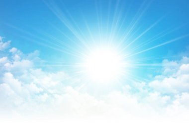 Mavi gökyüzü ve beyaz sabah bulutları Cennette açık bir günde, parlak bir güneş ve onun ilk ışıklarıyla