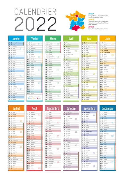 Año 2022 Calendario Colorido Lengua Francesa Sobre Fondo Blanco Plantilla — Archivo Imágenes Vectoriales