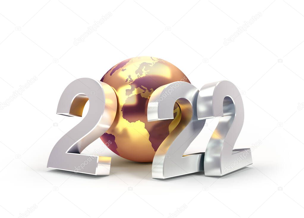 2022 New Year date number composed with a golden planet earth, isolated on white - 3D illustration