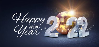 Mutlu yıllar 2022 tebrik kartı: siyah arkaplanda parlayan altın toprak küreli gümüş tarih numaraları - 3D illüstrasyon