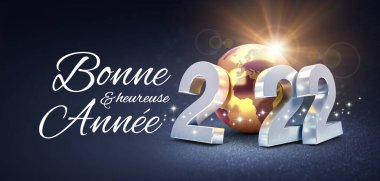 Yeni yılınız kutlu olsun. Fransız dilinde ve gümüşi tarihli sayılar. Üzerinde altın toprak küre olan, siyah bir zemin üzerinde parlayan, 3D illüstrasyon.