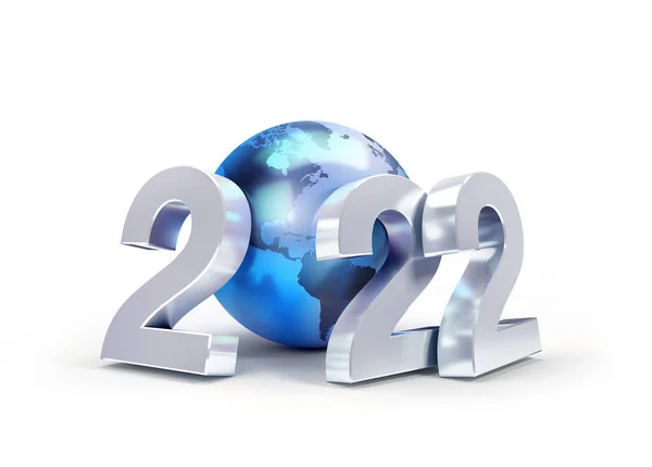 2022 New Year Silver Date Number Composed Blue Earth Globe — Stockfoto