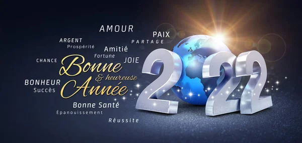 2022 New Year date number, composed with a blue colored planet earth, greetings and best wishes in French language, on a festive black background - 3D illustration