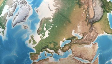 Avrupa, Grönland, Orta Doğu ve Asya 'nın yüksek çözünürlüklü fiziksel haritası. Dünya gezegeninin uydu görüntüsü. 3D illüstrasyon - NASA tarafından desteklenen bu görüntünün elementleri