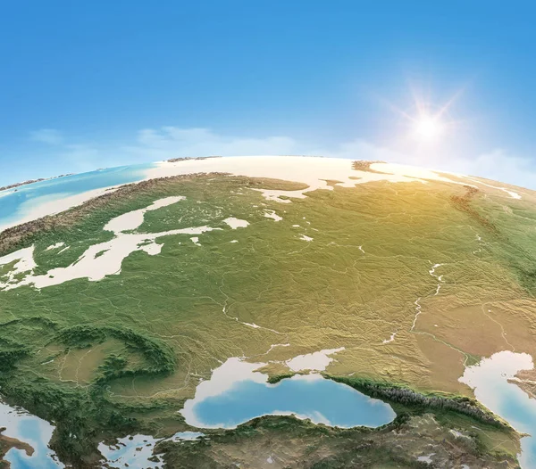 惑星地球の物理的な地図は 中央と東ヨーロッパに焦点を当てました 衛星ビューは 太陽の地平線に輝く 3Dイラスト Nasaが提供するこの画像の要素 — ストック写真