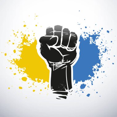 Direnişin sembolü olarak, sarı ve mavi lekeli, Ukrayna bayrağı renginde, yükseltilmiş yumruk çizimi