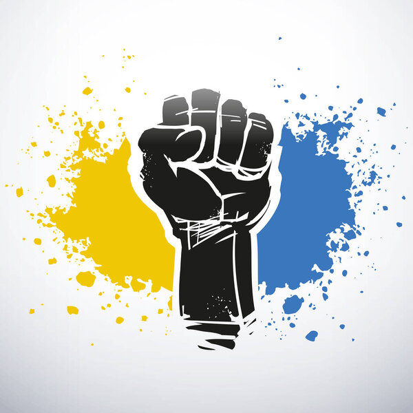 Raised fist illustration, as a symbol for resistance, with yellow and blue stains, as the color of Ukrainian flag