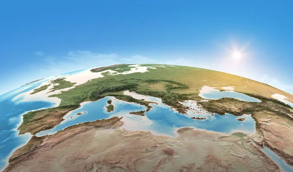 地球物理图 重点是地中海 南欧和北非的卫星图像 地平线上闪烁着阳光 3D插图 美国国家航空航天局提供的图像元素 — 图库照片