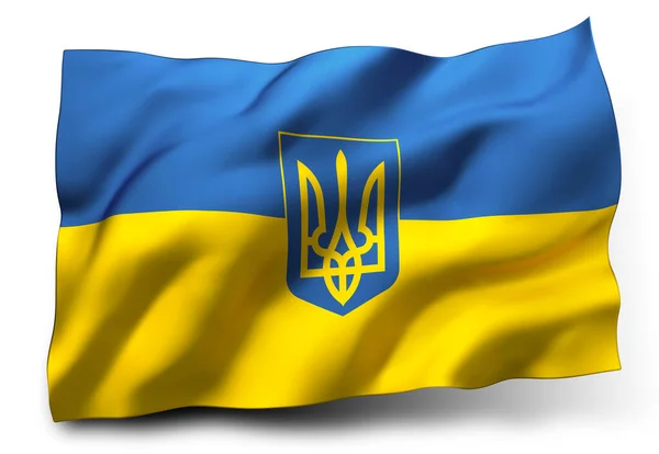Viftande Flagga Ukraina Med Vapensköld Isolerad Vit Bakgrund — Stockfoto