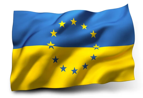 Machająca Flaga Ukrainy Gwiazdami Flagi Unii Europejskiej Odizolowana Białym Tle — Zdjęcie stockowe