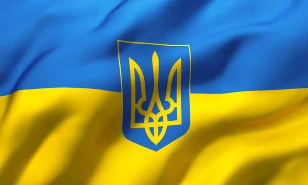 Ukrainas Flagga Med Vapensköld Som Blåser Vinden Helsida Ukrainska Flagga — Stockfoto