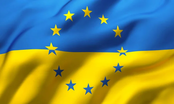 Ukrajinská Vlajka Hvězdami Vlajky Evropské Unie Vlající Větru Celá Stránka — Stock fotografie