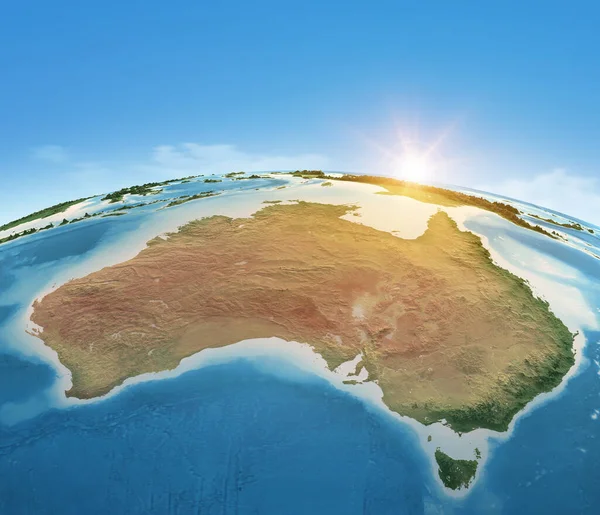 Fizyczna Mapa Planety Ziemia Skupiona Australii Widok Satelitarny Słońce Świecące — Zdjęcie stockowe