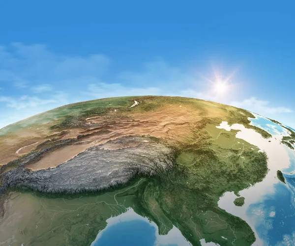 地球的物理地形图 聚焦于中国 卫星视景 地平线上阳光灿烂 3D插图 美国国家航空航天局提供的图像元素 — 图库照片