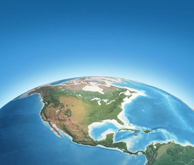 Dünya Gezegeni 'nin fiziksel haritası Kuzey Amerika, ABD, Kanada, Meksika ve Orta Amerika' ya odaklandı. 3D illüstrasyon - NASA tarafından desteklenen bu görüntünün elementleri