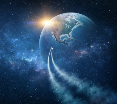 Galakside seyahat eden uzay gemileri, yıldızların ve bulutsuların arasından geçen uzay sondaları, ABD 'ye, Kuzey Amerika' ya, ufukta doğan güneş. Uzayda Dünya 'ya ulaşan kuyruklu yıldızlar. 3B illüstrasyon.