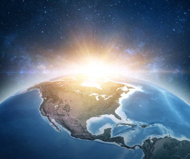 Dünya, Kuzey Amerika Birleşik Devletleri, uzayın derinliklerinde iklim değişikliği, güneş ışığı ya da ufuktaki büyük patlama. 3D illüstrasyon - NASA tarafından desteklenen bu görüntünün elementleri