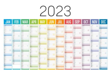 Yıl 2023, beyaz arka planda renkli takvim. Vektör şablonu.