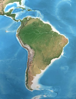 Güney ve Orta Amerika 'nın yüksek çözünürlüklü fiziksel haritası. Dünya gezegeninin uydu görüntüsü. 3D illüstrasyon - NASA tarafından desteklenen bu görüntünün elementleri