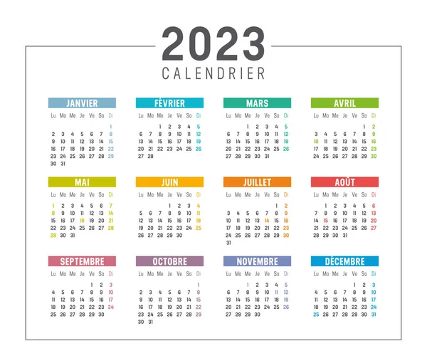 Colorful Year 2023 Calendar French Language Isolated White Background Vector — Archivo Imágenes Vectoriales