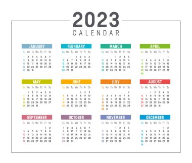 Renkli yıl 2023 takvimi beyaz arka planda izole edildi. Hafta pazar günü başlıyor. Vektör şablonu.